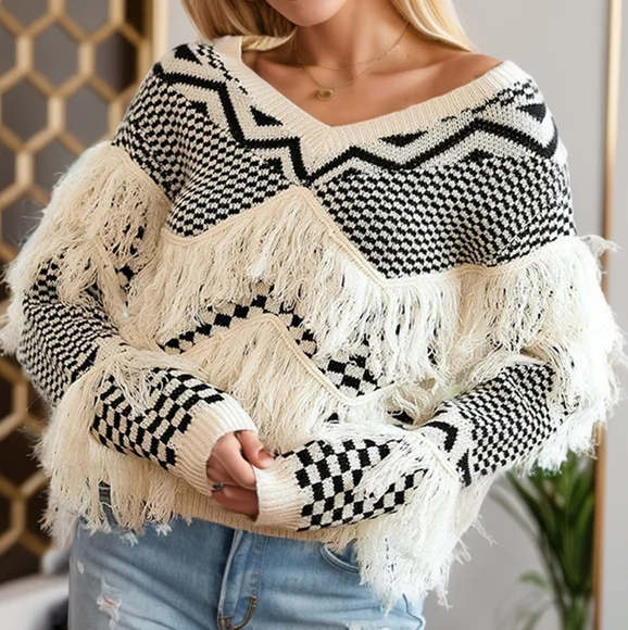 Geometric Fringe Detail V-Neck Sweater - Picture 1 of 3